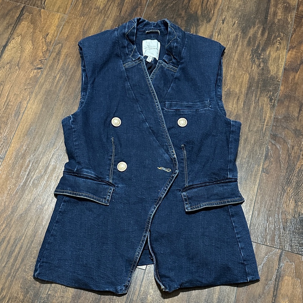 Avec Les Filles Wash Fade Denim Vest With Gold Buttons Shoulder Pads